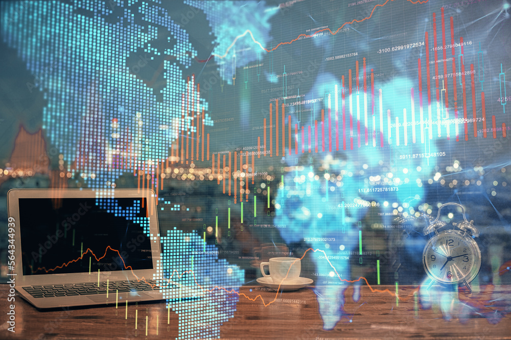Aufkleber multi exposure of forex graph and work space with computer. concept of international online trading.