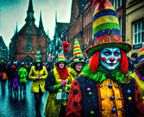 Fototapeta premium Karnaval in Deutschland hat eine lange Tradition. Fasching is bunt, lustig, auch etwas skurril. Aber so toll... tolle Zeit. Helau! Generativ AI