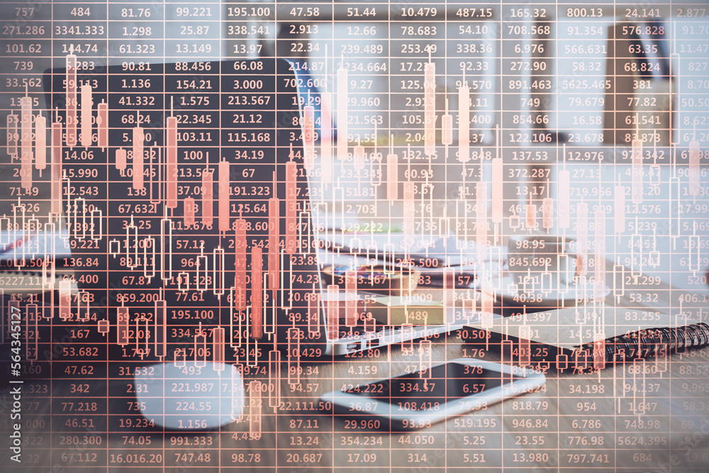 Poster Multi exposure of forex graph and work space with computer. Concept of international online trading.