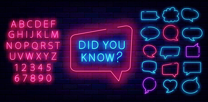 Did you know question in speech bubble. Neon sign with text. Shiny pink alphabet. Vector stock illustration