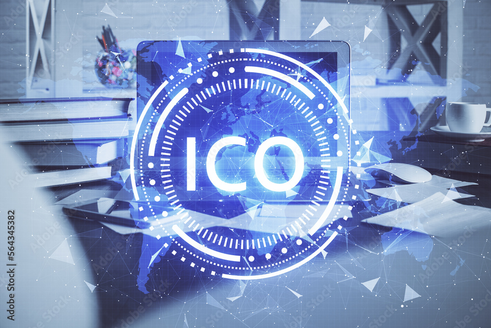 Poster Multi exposure of blockchain theme hologram and table with computer background. Concept of bitcoin crypto currency.
