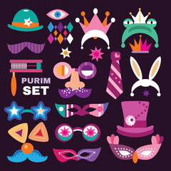Happy Purim - holiday  jewish carnival  template set icons  Carnival mask, Hamantashen, confetti, clown, garland, crown, firework  Vector festive design illustration