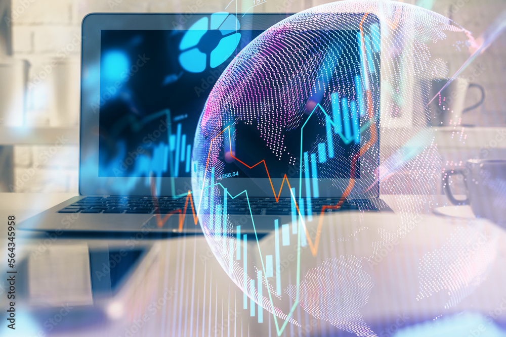 Poster multi exposure of forex graph and work space with computer. concept of international online trading.