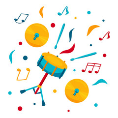 Jazz musical instrument. Funny vector flat illustration with playing drum and drumsticks in bright colors on white square background. Various musical symbols and objects, notes for poster or flyer