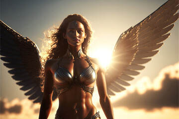 Seductive sexy woman as angel with wings wearing lingerie. Warm atmosphere. Designed using generative ai. 