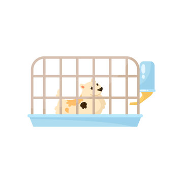 Cute Comic Puppy Inside Cage With Water Vector Illustration. Cartoon Drawing Of Dog Character In Metal Crate In Shelter Or House Isolated On White Background. Animals, Pets, Nature Concept