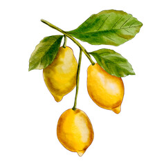 Watercolor lemons. Lemon branch watercolor. Watercolor botanical illlustration of lemon tree branch 