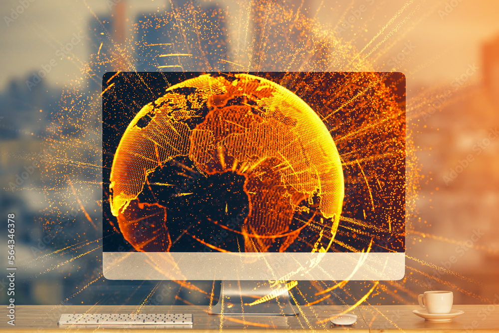 Poster Computer on desktop with social network theme icon. Multi exposure. Concept of international connections.