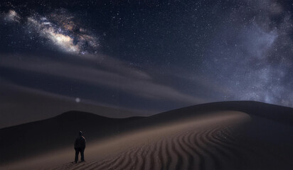 Rolling sand dunes at night with the milky way banding across the sky