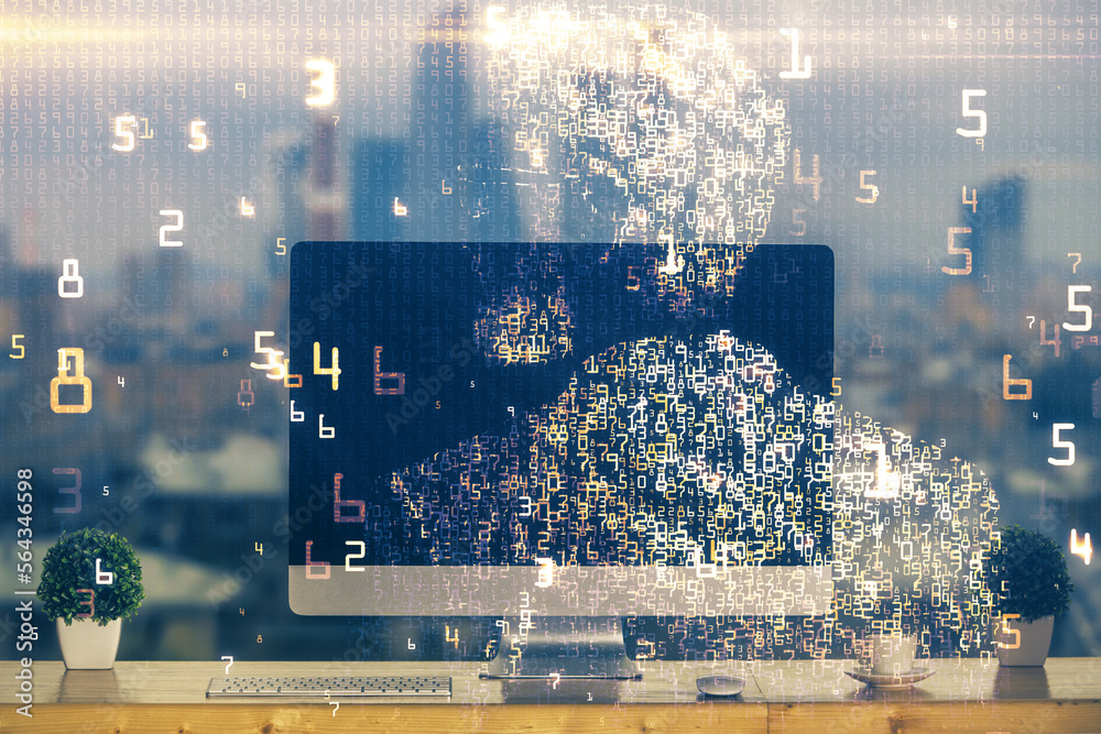 Aufkleber Computer on desktop in office with technology theme hologram. Multi exposure. Tech concept.