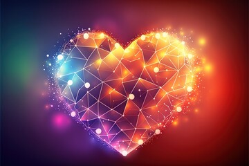 Polygonal love valentine heart made of connected lines and dots on blurred gradient multicolor background for greeting card. Valentine's Day holiday banner concept. Generative AI