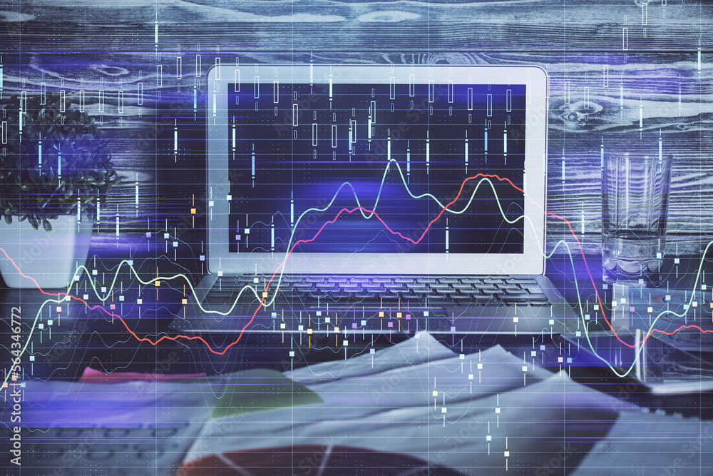 Aufkleber multi exposure of forex graph and work space with computer. concept of international online trading.