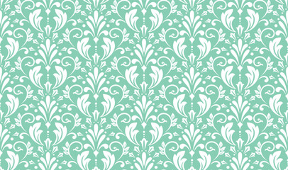 Floral pattern. Vintage wallpaper in the Baroque style. Seamless vector background. White and green ornament for fabric, wallpaper, packaging. Ornate Damask flower ornament
