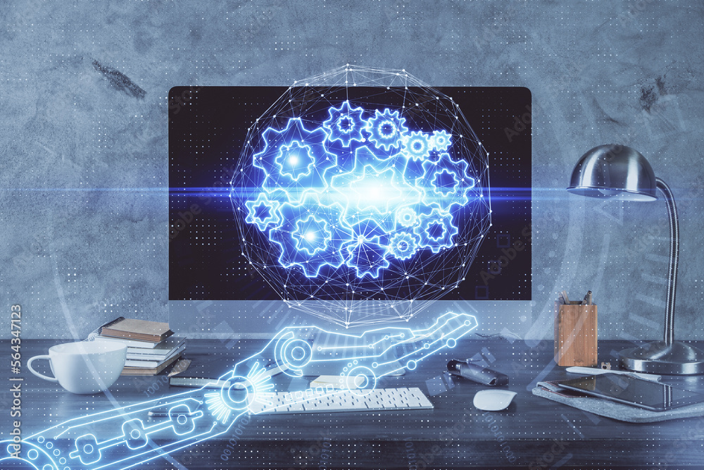 Poster Technology theme drawing and table with computer. Double exposure. Concept of information.