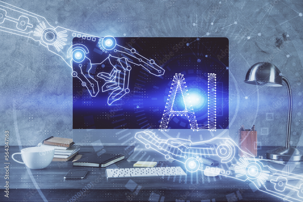 Poster Technology theme drawing and table with computer. Double exposure. Concept of information.