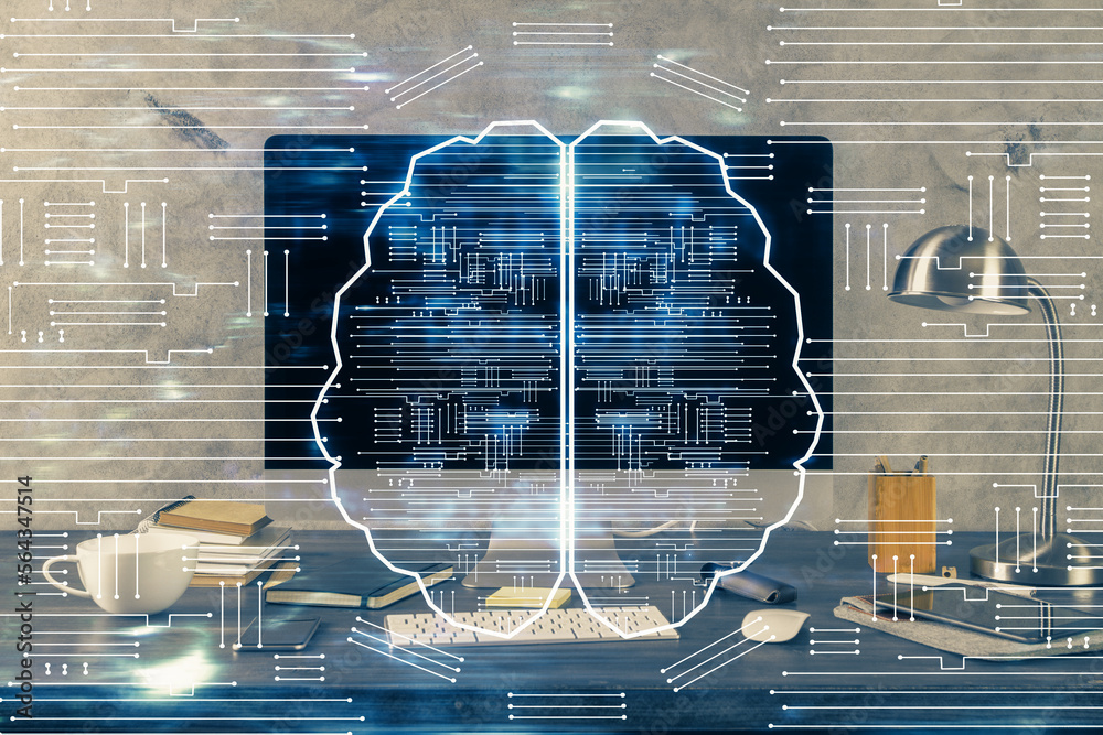 Aufkleber Double exposure of table with computer and brain hologram. Data innovation concept.