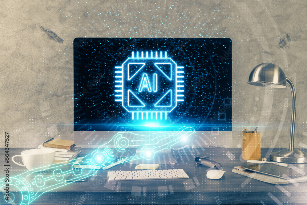 Aufkleber technology theme drawing and table with computer. double exposure. concept of information.