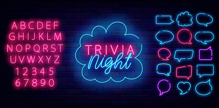 Trivia night neon label lettering. Quiz show. Game competition. Speech bubbles collection. Vector stock illustration