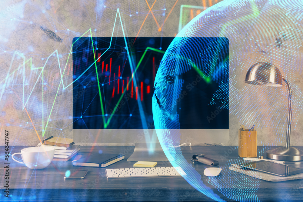 Poster Multi exposure of forex graph and work space with computer. Concept of international online trading.