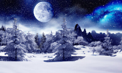 Fototapeta na wymiar Digital art of fairy forest covered with snow in a moon light. Milky way in a starry sky. Christmas and New Year winter night.