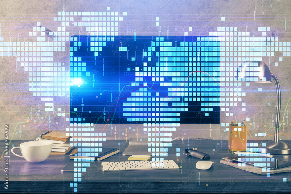 Poster Multi exposure of business theme icons and table with computer background. Concept of success.