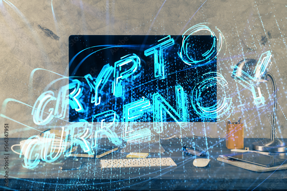 Aufkleber Multi exposure of blockchain theme hologram and table with computer background. Concept of bitcoin crypto currency.