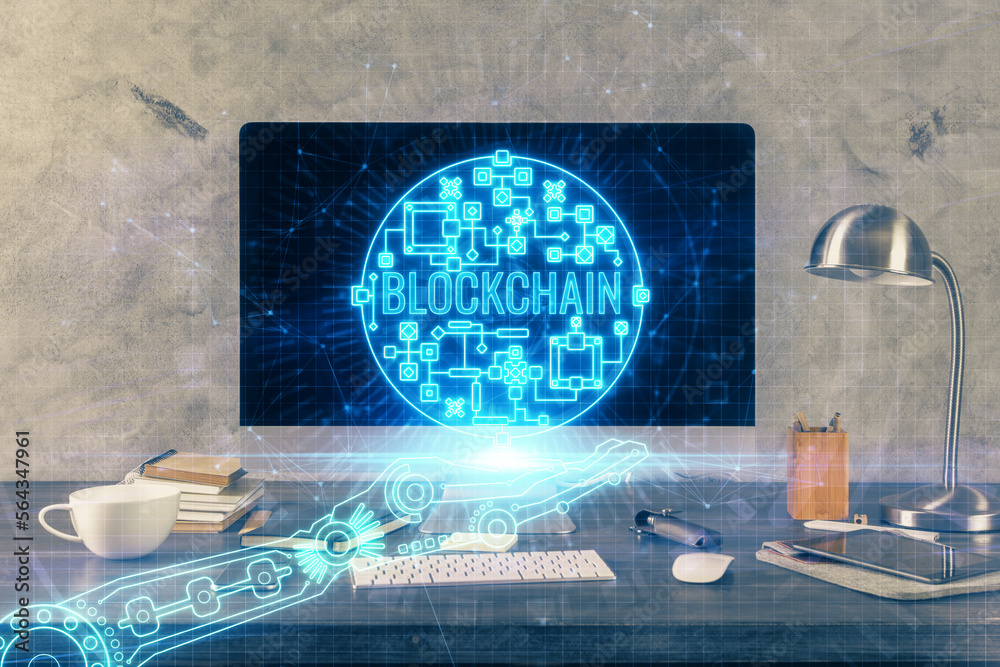 Aufkleber Multi exposure of blockchain theme hologram and table with computer background. Concept of bitcoin crypto currency.