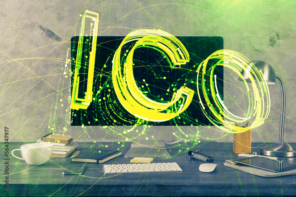 Aufkleber Multi exposure of blockchain theme hologram and table with computer background. Concept of bitcoin crypto currency.