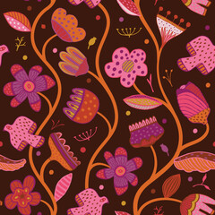 Beautiful, bright seamless pattern of different gorgeous flowers and twigs. For the design cards, banners, textiles, wallpaper. Vector illustration. Hand-Drawn.