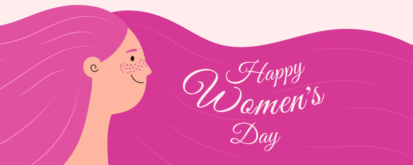 Beautiful woman, girl with long flowing hair, text Happy Womens Day. Hand drawn vector illustration. Female cartoon character. Flat style design. Concept for 8 March, feminism banner, poster