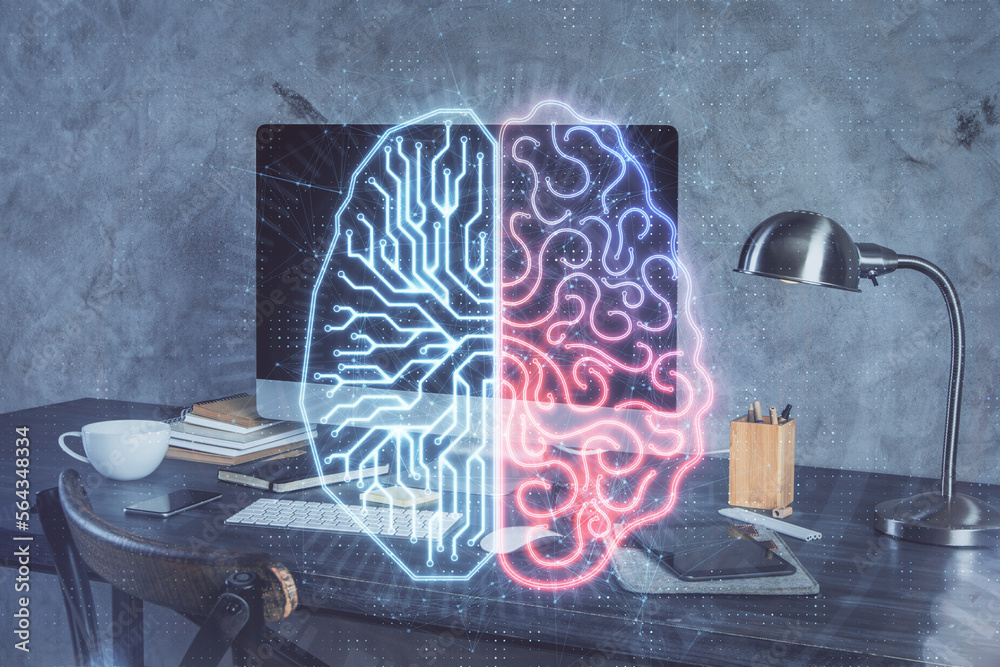 Poster Double exposure of table with computer and brain hologram. Data innovation concept.