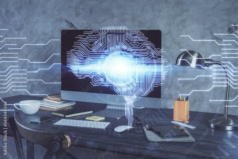 Leinwandbilder double exposure of table with computer and brain hologram. data innovation concept.