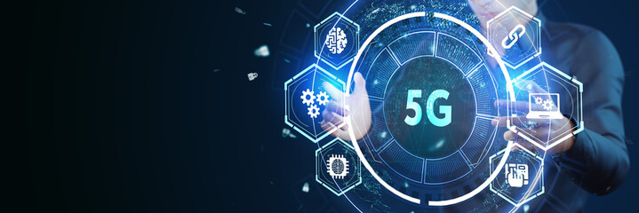 Obraz premium The concept of 5G network, high-speed mobile Internet, new generation networks. Business, modern technology, internet and networking concept.