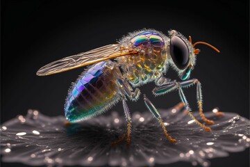Macro photography style of an iridescent crystal fly, made with Generative AI