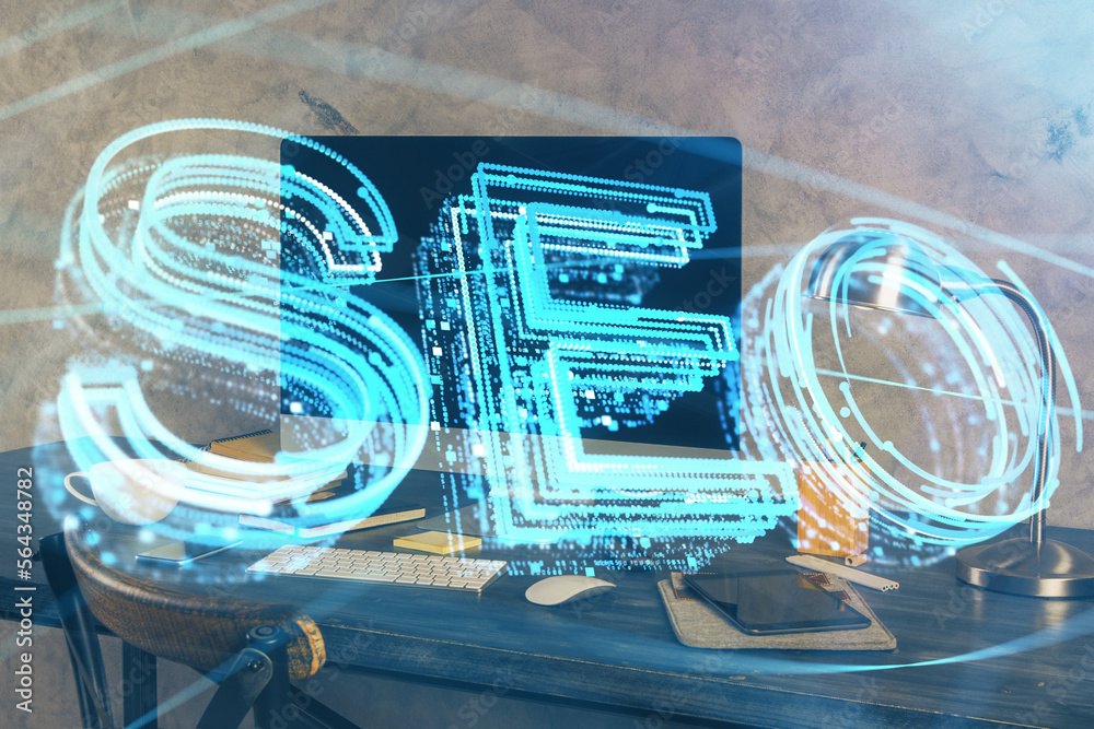 Aufkleber Multi exposure of table with computer and seo drawing hologram. Search optimization concept.