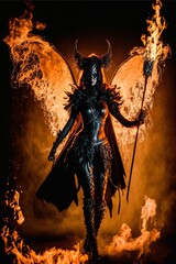 Seductive sexy witch wearing gothic dress with broom and flames. Designed using generative ai