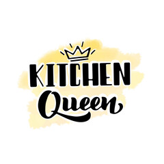 Fototapeta na wymiar Kitchen queen, hand lettering on a watercolor background, doodle