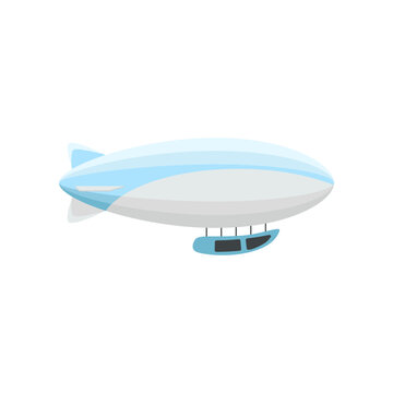 Colorful light-blue airship vector illustration. Retro zeppelin or dirigible for carrying passengers isolated on white background. Transportation, tourism, aviation industry concept
