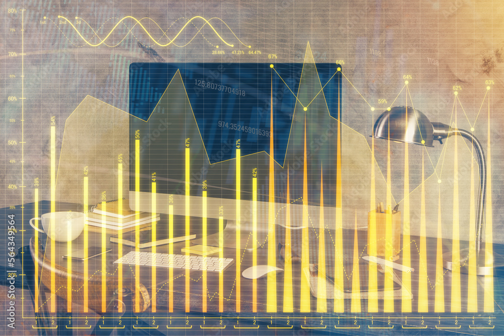 Poster Multi exposure of forex graph and work space with computer. Concept of international online trading.
