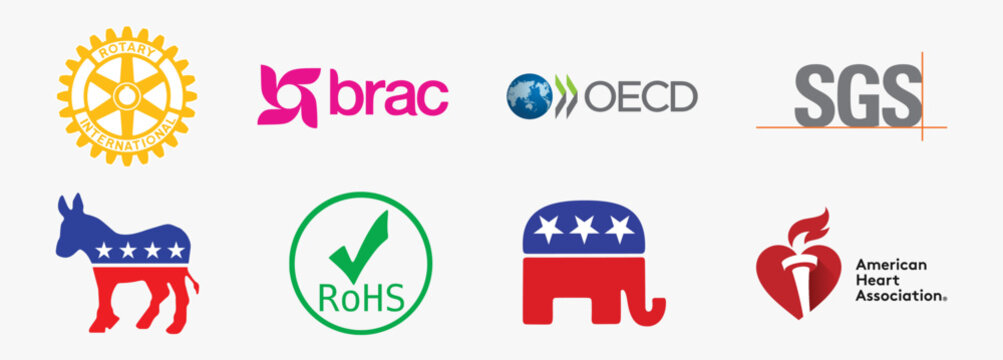 Popular Gov and Ngo logos. BRAC, OECD, Democratic Donkey, Rotary International, Rohs, etc. Editorial vector icon.