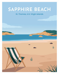 travel poster Sapphire beach on St. Thomas virgin island. vector illustration landscape background with colored style.