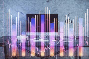 Multi exposure of forex graph and work space with computer. Concept of international online trading.