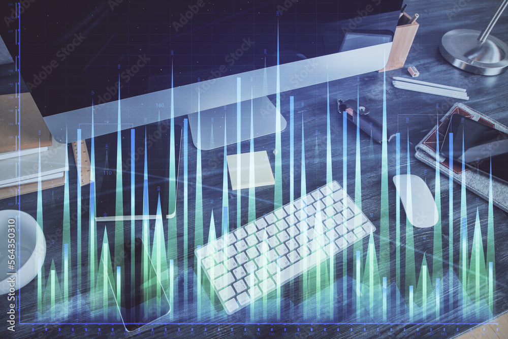 Poster Multi exposure of forex graph and work space with computer. Concept of international online trading.
