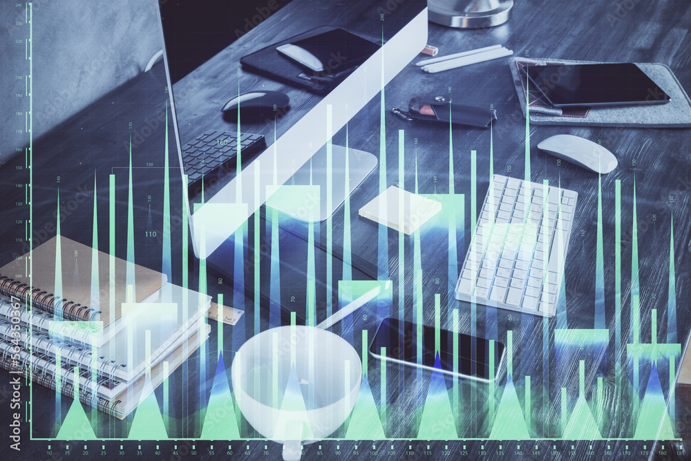 Poster Multi exposure of forex graph and work space with computer. Concept of international online trading.