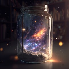 Whole space universe inside a glass jar. Generative AI.