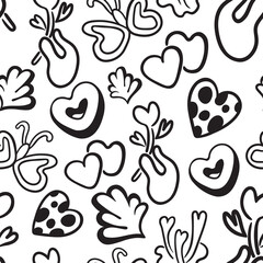 Fototapeta premium vector seamless pattern with simple doodles. love and relationships. stylish minimalist line pattern. romantic graphic background. Vector hearts, couples, flowers, plants, arrows.