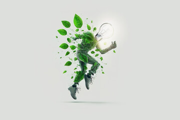 human running, energy concept. renewable energy, green energy. human in the form of a plant. plant inside a light bulb..Generative AI illustration
