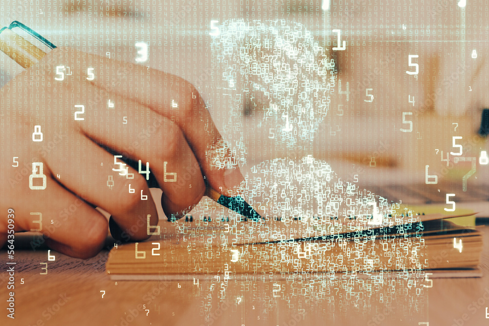Poster writing human hands with data theme multi exposure icons.