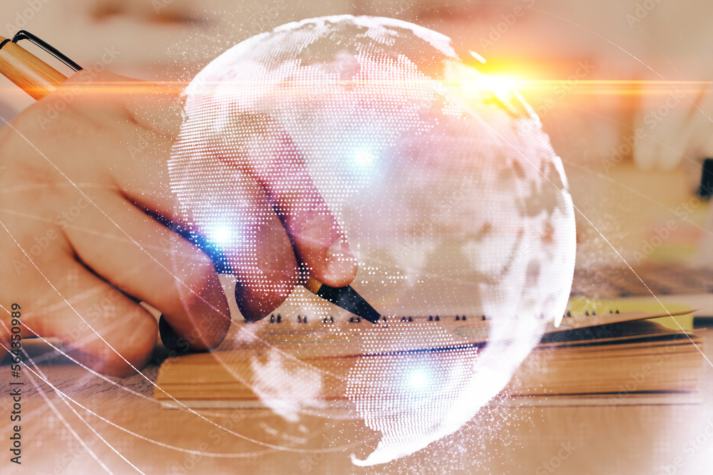 Poster double exposure of hands and notepad with business icons.