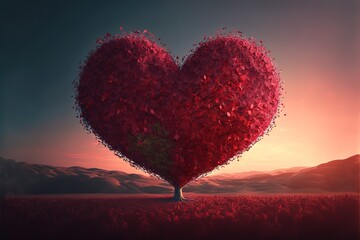 Tree of love. Red heart shaped tree at sunset. Beautiful landscape with red tree and falling leaves.Love background. Generative AI